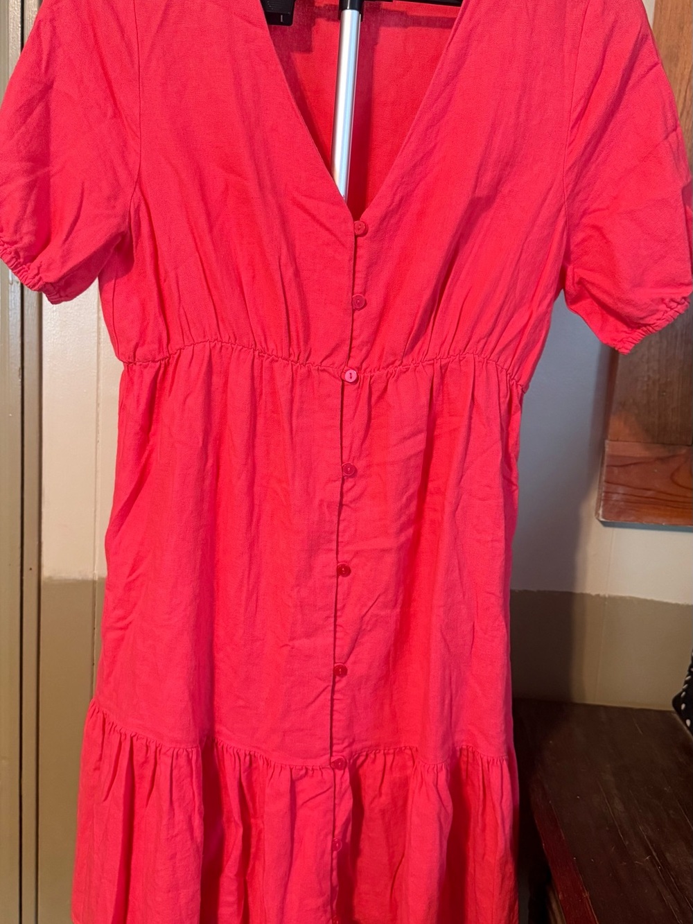 Ellen Tracy Bright Coral Button-Front Tiered Dress